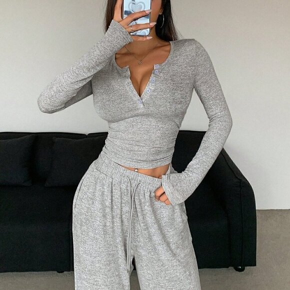 Light Grey Casual Women's Solid Color Button Long Sleeve T-Shirt And Pants Set - Picture 7 of 7